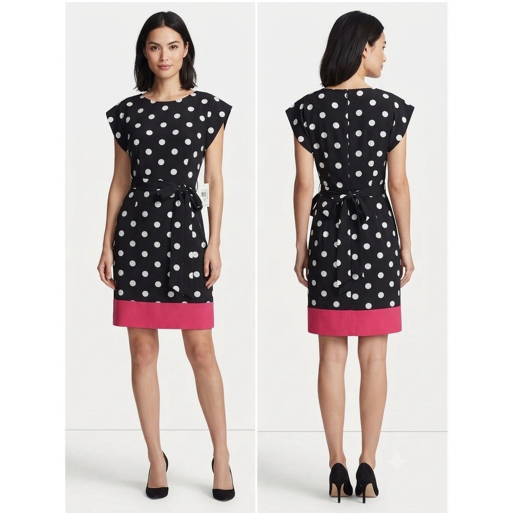 Classic Eliza J Polka Dot Dress with Bow Waist and Pink Hemline Size